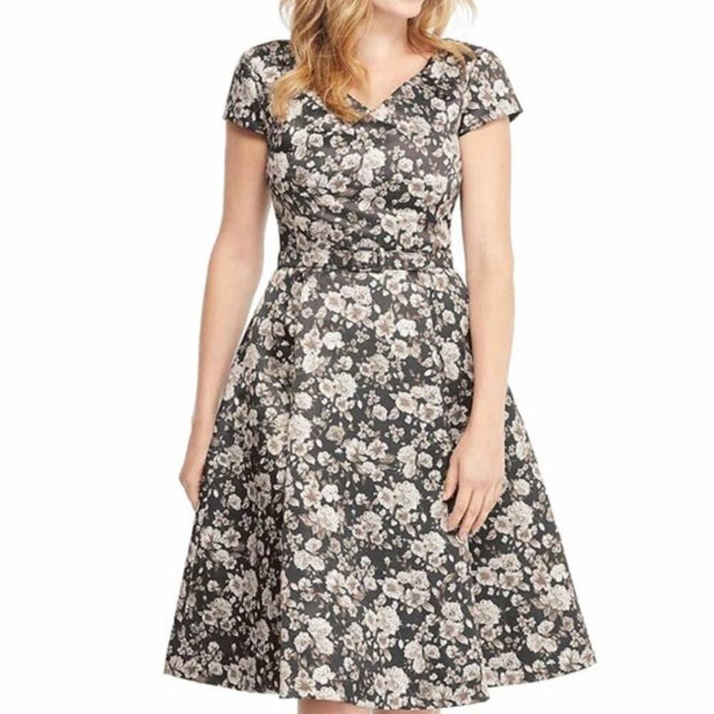Gal Meets Glam Elle Brightex Duchess Dress Fit & Flare Satin Floral Belted 2 NWT